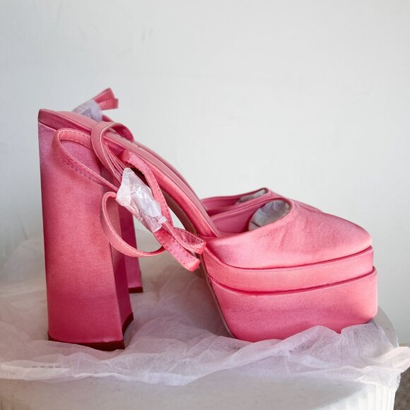 Simmi London Pink Satin Platform Chunky Heel Closed Toe with Buckle Ankle Strap - Picture 4 of 16